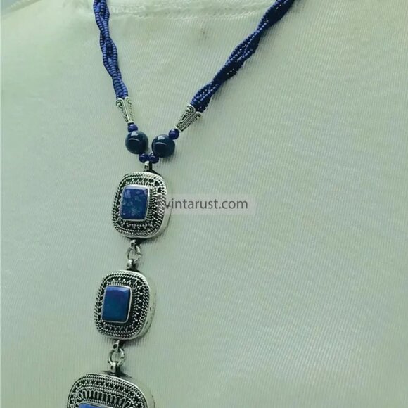 Beaded Chain Necklace with Triple Blue Square Pendants, Lapis Lazuli Stone - Picture 8 of 16